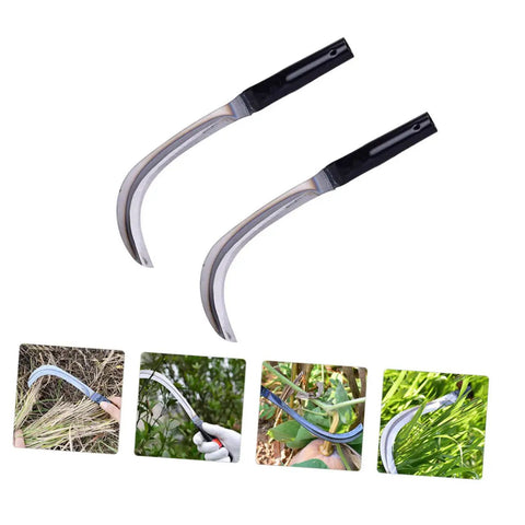 Two Piece Steel Sickle Mowing Tool Set For Gardening And Farming With Sharp Durable Blades Random Handle Holes shown cutting grass and branches.