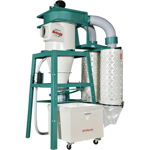 Rugged Seven Point Five Horsepower Three Phase Cyclone Dust Collector with 10 inch intake and 261 square foot filter system.