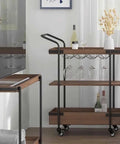 No Sweat Solid Three Tier Industrial Storage Serving Cart With Smooth Rollers Multifunctional Kitchen Bar Trolley For Home Rustic Wood And Metal Rolling Rack Vintage Brown in a modern living space.