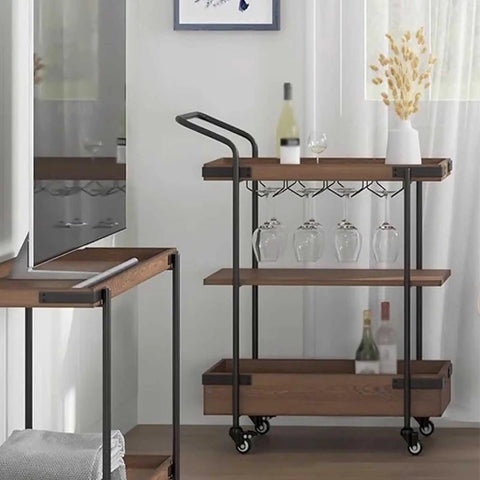 No Sweat Solid Three Tier Industrial Storage Serving Cart With Smooth Rollers Multifunctional Kitchen Bar Trolley For Home Rustic Wood And Metal Rolling Rack Vintage Brown in a modern living space.