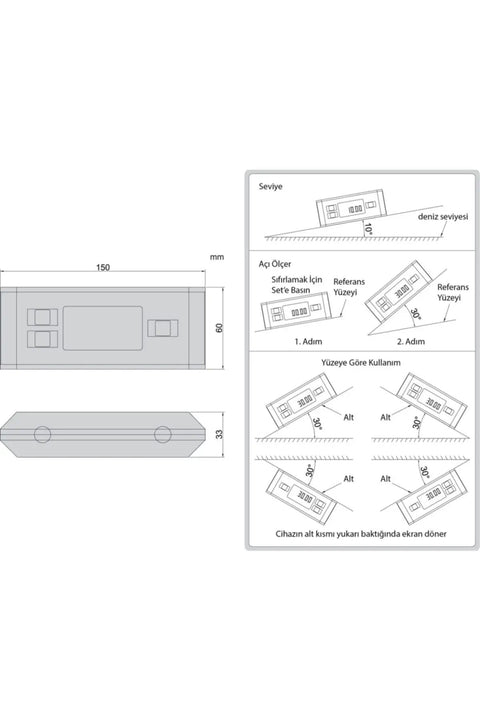 Diagram showing dimensions of Digital Electronic Level And Protractor 0 To 360 Degrees with usage instructions and features.