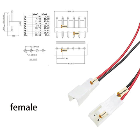 Female VH-2P 3.96mm Pitch 2-Pin Header Terminal Connector with PA66 shell and copper tin plated terminals for LED strips