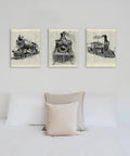 Steam Train Canvas Art Set Of 3 11x14 Inches Framed Wall Prints above bed, showing vintage locomotives for home office decor.