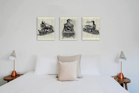 Steam Train Canvas Art Set Of 3 11x14 Inches Framed Wall Prints above bed, showing vintage locomotives for home office decor.
