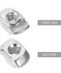 M3 T Slot Nut from the Solid M3 Sliding T Slt Nut Kit, showing front and rear sides, made of carbon steel for secure aluminum connections.
