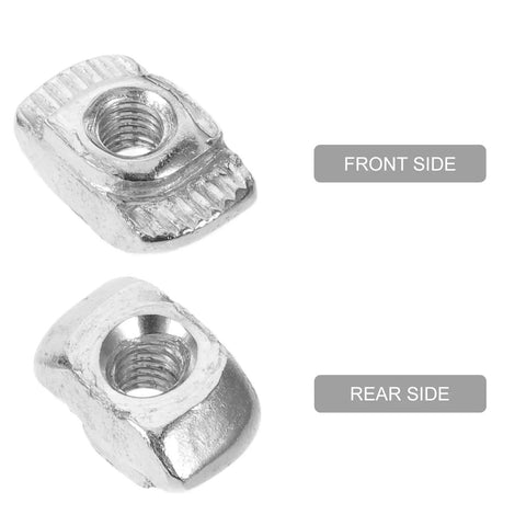 Kick 3D Printing Up A Notch With These 40 Hammer Head M3 Carbon Steel T Slot Nuts showing front and rear views for aluminum frames.