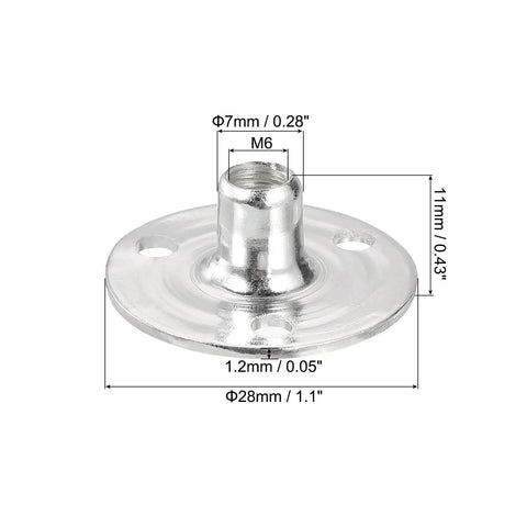 Badass M6 Brad Hole Tee Nuts 24 Pack Heavy Duty Carbon Steel Round Base Screw In T Nuts With Flanged Female Thread Inserts showing dimensions and details.