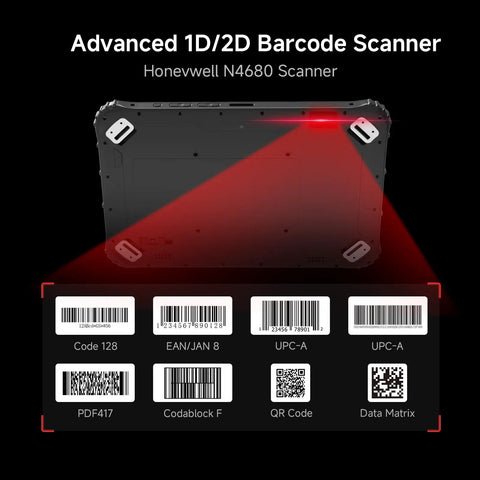 Heavy Duty Rugged Tablet With No Sweat Barcode Scanner And 12.2 Inch Windows 11 Pro Screen, Eight Plus One Twenty Eight Gig Storage showing Honeywell N4680 scanner with barcodes.