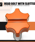 Close-up of orange CNC aluminum head bolt with slotted design, displaying Seat Quick Release Bolt For Motorcycles No Tools Needed CNC Aluminum Orange Compatible With KTM 125 450 XC SX XCF SXF 2023 2024 Easy Seat Removal Accessory Durable Lightweight Construction For Quick On Off feature.