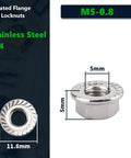 50 Pack M5 Serrated Flange Hex Locknuts Crafted From Top Shelf 304 Stainless Steel With Slick Bright Finish and corrosion resistance.