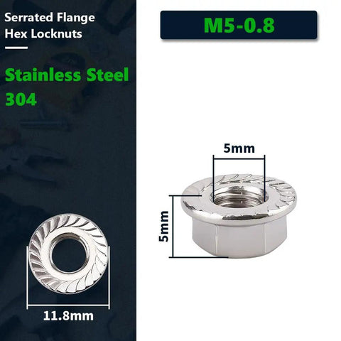 50 Pack M5 Serrated Flange Hex Locknuts Crafted From Top Shelf 304 Stainless Steel With Slick Bright Finish and corrosion resistance.