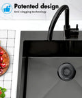 Zero Hassle Kitchen Sink Drain Strainer Featuring A Patent Flip Bottom Design And Sleek Black Chain Mesh Basket in black sink setup.