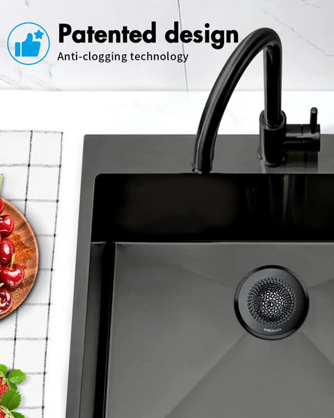 Zero Hassle Kitchen Sink Drain Strainer Featuring A Patent Flip Bottom Design And Sleek Black Chain Mesh Basket in black sink setup.