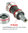 Close view of Racer Worlds Lightest JIS Square Taper Bottom Bracket English 68x116mm for Shimano showing X-Seals and shaft.