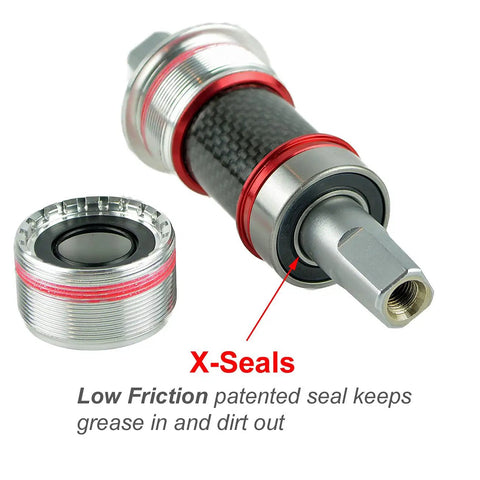 Close view of Racer Worlds Lightest JIS Square Taper Bottom Bracket English 68x116mm for Shimano showing X-Seals and shaft.