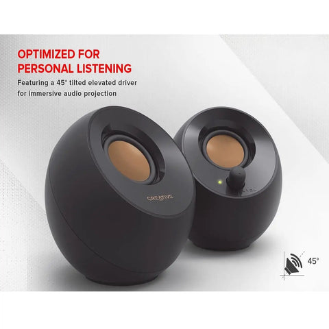Pebble 2.0 USB Powered Desktop Speakers With Far Field Drivers And Passive Radiators For PCs And Laptops Black Renewed Certified Refurbished Crisp Sound For Your Desk Setup angled view showing elevated driver placement.