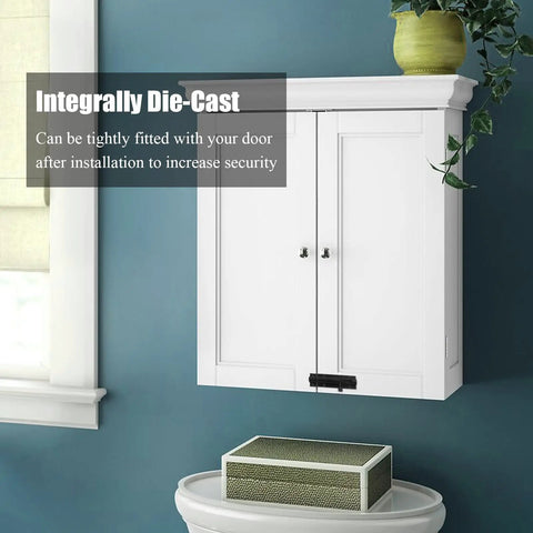 Premium Grade Steel Heavy Duty Three Inch Barrel Door Slide Bolt Lock Slick Black Finish in white cabinet setup for security.
