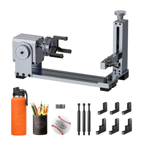 3 In 1 Laser Rotary Attachment For Engraving Cylindrical Objects Like Wine Glasses Tumblers Mugs And Rings, shown disassembled with accessories
