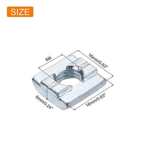 60 Pack M8 T Slot Nuts Carbon Steel Nickel Plated Tee Slider Blocks For 3030 Aluminum Extrusion Profiles, measuring 16x16x6mm.