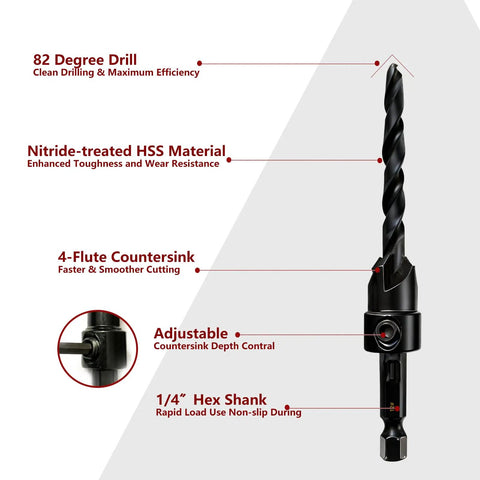 Close-up of a drill bit showing 82 degree tip, nitrided HSS material, adjustable 4-flute countersink, 1/4 inch hex shank.