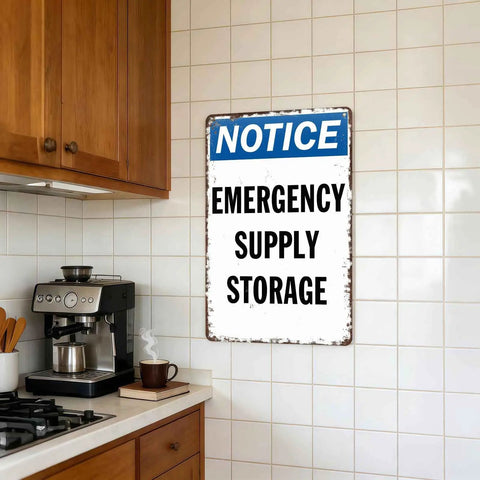 Notice Emergency Supply Storage Vintage Metal Wall Art Signs For Home Kitchen Garage And Patio Built From Rust Resistant Aluminum For Indoor Outdoor Use Keeps Your Space Organized With Classic Industrial Vibe in a kitchen