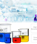 Glass Beaker Set for Lab Work 5 Piece Beaker Kit 50ml 100ml 250ml 500ml 1000ml displayed with colorful liquids, lab backdrop