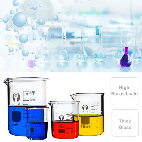Glass Beaker Set for Lab Work 5 Piece Beaker Kit 50ml 100ml 250ml 500ml 1000ml displayed with colorful liquids, lab backdrop