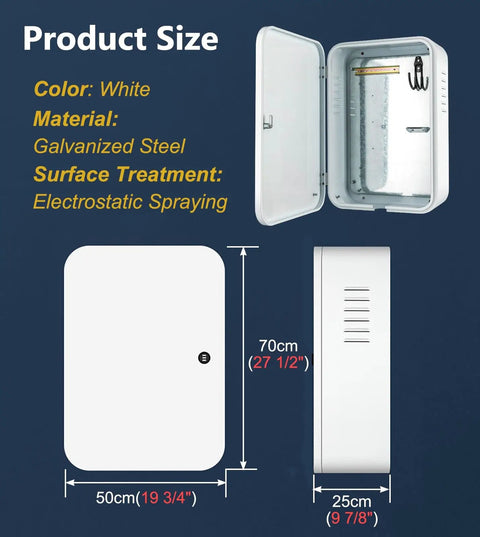 Product size details for the Heavy Duty Galvanized Steel Outdoor EV Charger Enclosure Box with dimensions shown.