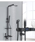 RIBEUJIZS Digital Shower System with black rainfall head, thermostatic faucet, digital display, and bidet faucet.