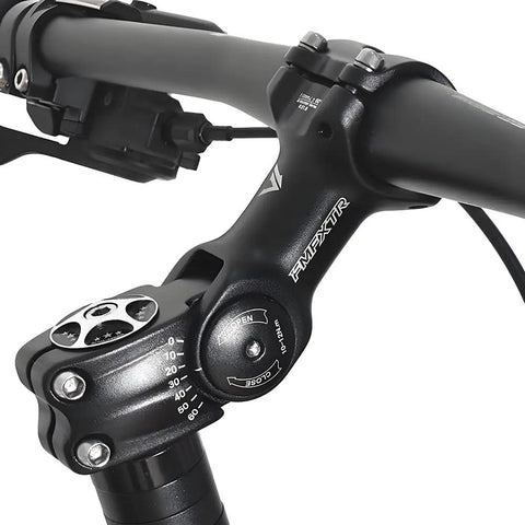 Close-up of the Adjustable MTB Stem for 25.4mm to 31.8mm Bars and 28.6mm Steerer, 60 Degree Aluminum Riser Stem, 130mm Center to Center