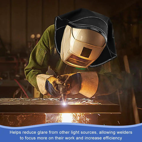 Welding Helmet Cover Pro Grade Extended Head Cover With Press Fit Seal Full Protection Cotton Black, installed on helmet