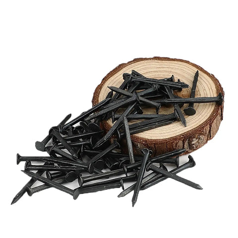 Super Tough 470 Pc Black Round Head Metal Tacks For Shoe Repair Upholstery And Craft Projects Heavy Duty Steel Industrial Hardware Fasteners on wooden surface.