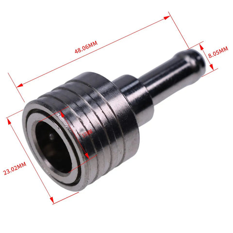 Close-up of male connector from Outboard Fuel Tank Connector And Plug Kit Five Sixteenths Inch Brass Fittings with dimensions.
