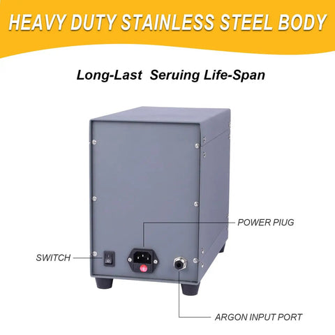 Pro Grade CNC Pulse Argon Arc TIG Jewelry Spot Welder rear view with stainless steel body, power plug, and argon input