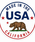 Made in the USA California round sticker with bear graphic and red stars