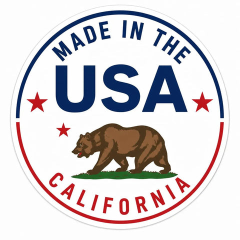 Made in the USA California round sticker with bear graphic and red stars