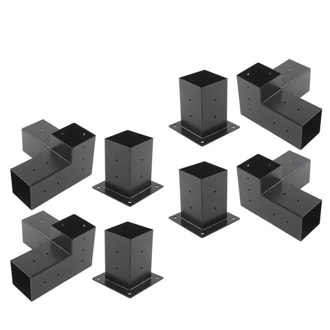 Hella Tough Steel Corner Brackets For Elevated Wood Deck Stand Kit Rust Proof Outdoor Lumber Support Hardware Powder Coated Post Mount Connectors Pack Of Eight, black steel brackets arranged.