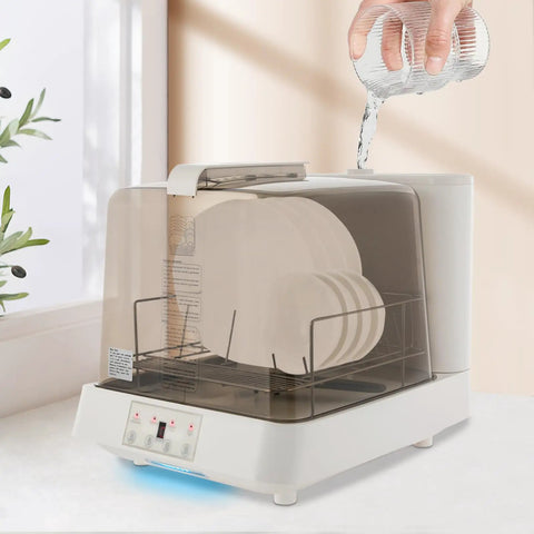 No Sweat Portable Countertop Dishwasher For Apartments And RV Cabins, compact design with plates being filled with water.