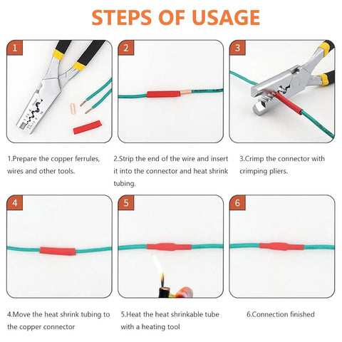 Steps of usage for All In One 250 Pcs Copper Wire Ferrules Kit With 7 Size Non Insulated Crimp Connectors and Electrical Butt Terminals