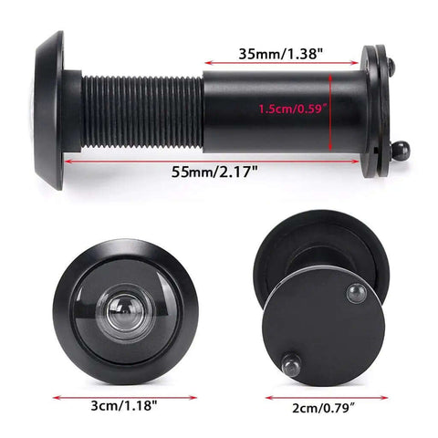 Solid Brass Door Peephole With 220 Degree View And Heavy Duty Rotating Privacy Cover for home office hotel use, dimensions shown.