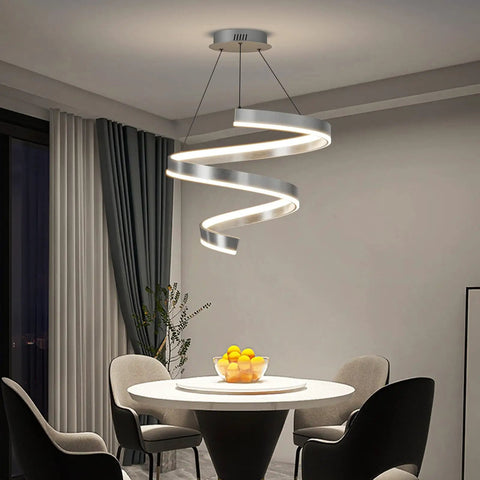 Customizable Modern Pendant Light With Remote Dimming 3000K To 6500K Ambient Lighting, spiral design over dining table