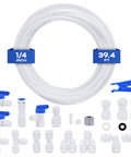 Fridge Water Line Kit With One Quarter Inch OD Tubing 39.4 Ft Length Quick Connect Fittings displayed with components
