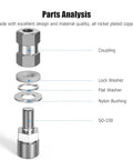 Exploded view of Heavy Duty CB Antenna Stud Mount Adapter Copper Nickel Plated With SO239 Connector showing components.