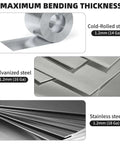 Cold-rolled, galvanized, and stainless steel sheets with maximum bending thickness for 15.25 Inch Sheet Metal Hand Hemmer Built Tough Alloy Steel Hand Seamer With 1 Inch Fold Depth And Sight Holes Comfort PVC Grip Folds Up To 24 Gauge Steel For Roofing HVAC Ductwork And Panel Ends.