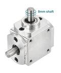 Front view of Right Angle Bevel Gearbox For DIY Gearheads, 1 to 1 with one output shaft, 1 Module 20 teeth bevel gear, aluminum frame, 8mm shaft, 65x66x30mm.