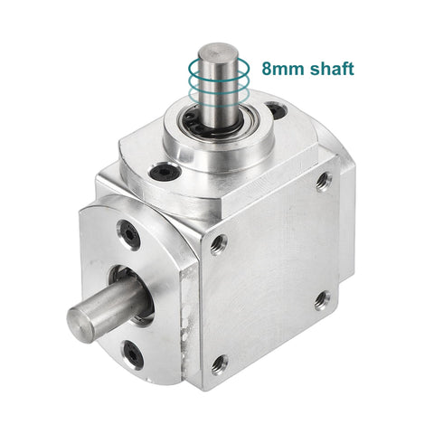 Front view of Right Angle Bevel Gearbox For DIY Gearheads, 1 to 1 with one output shaft, 1 Module 20 teeth bevel gear, aluminum frame, 8mm shaft, 65x66x30mm.