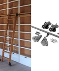 Badass Adjustable Sliding Barn Door Kit Featuring Retractable Stair Slide Track, wooden ladder next to black sliding hardware.