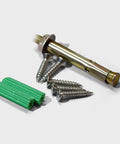 Heavy Duty Zinc Alloy Door Stopper With Hanging Hook Holds Doors Open Securely While Protecting Walls From Dents And Scuffs Using Thick Rubber Bumper To Silence Slamming Or Reduce Noise In Any Home Or Apartment Setting For Total Peace Of Mind, with hardware including screws and plastic anchors.