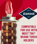 Red Flame Torch Fuel Citronella Scented Ready To Use No Spill No Mess 8 Ounce Container For Outdoor Parties Entertaining And Special Events 4 Pack Lit For Backyard Lighting Bug Repellent And Patio Ambiance showing burning torch in woven holder