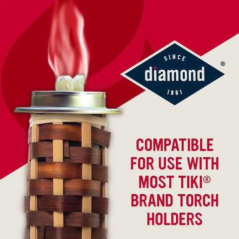 Red Flame Torch Fuel Citronella Scented Ready To Use No Spill No Mess 8 Ounce Container For Outdoor Parties Entertaining And Special Events 4 Pack Lit For Backyard Lighting Bug Repellent And Patio Ambiance showing burning torch in woven holder